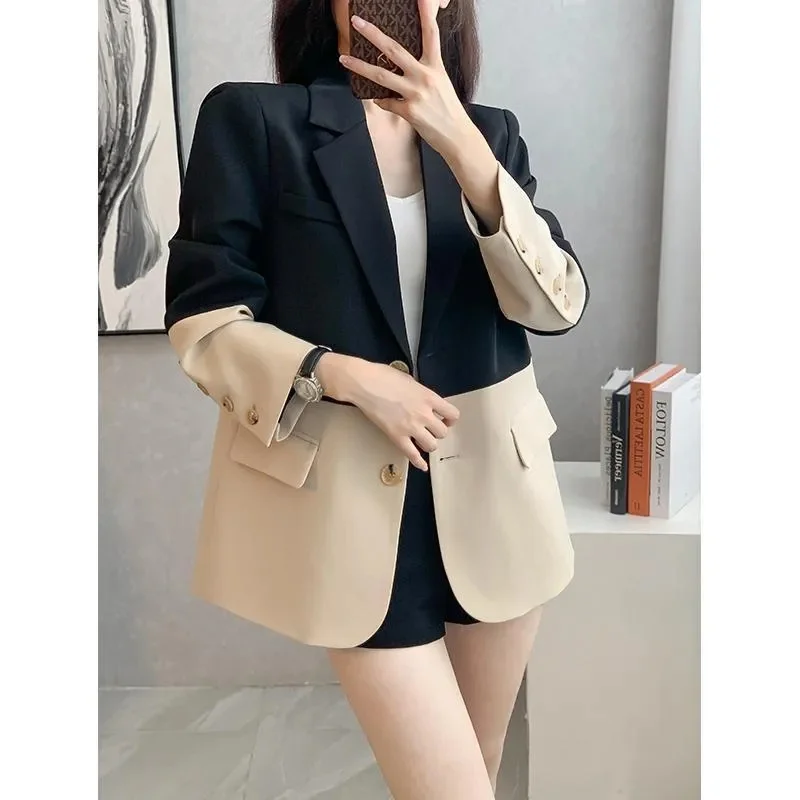 Women\'s Overcoat Fashion Design Sense Niche Contrast Stitching Suit Jacket Female Autumn 2026New Outerwear Casual Blazer Coat