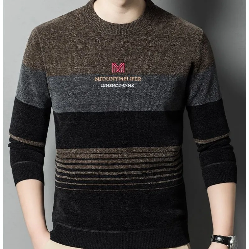 Men's Autumn Winter Solid Round Neck Striped Letter Embroidery Pullover Long Sleeve Sweater Knitted Casual Office Lady Tops