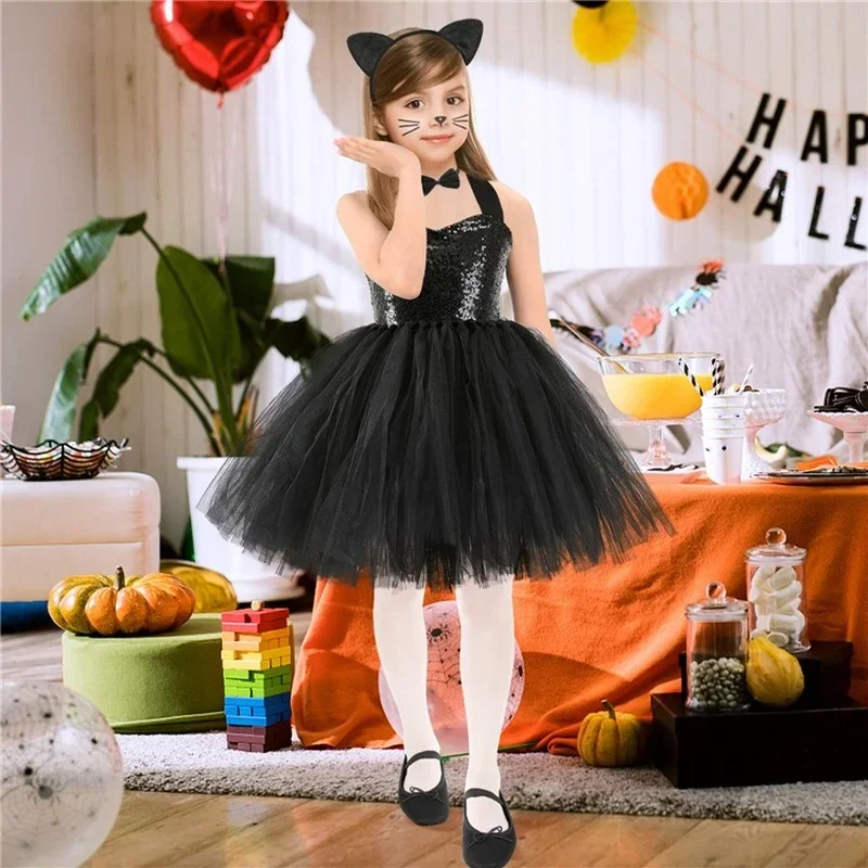 Kid Halloween Party Cosplay Black Cat Ear Headband Hairband Performance Stage Dance Wear Costume Set Clothes