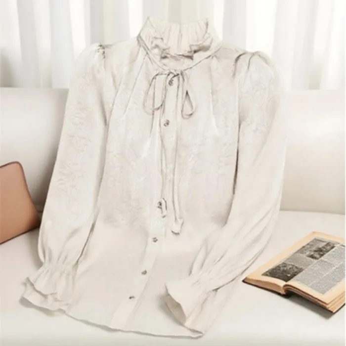 

Ele атласный воротник-стойка с воротником-стойкой, длинный шифоновый топ, женский топ для похудения, модная китайская основа