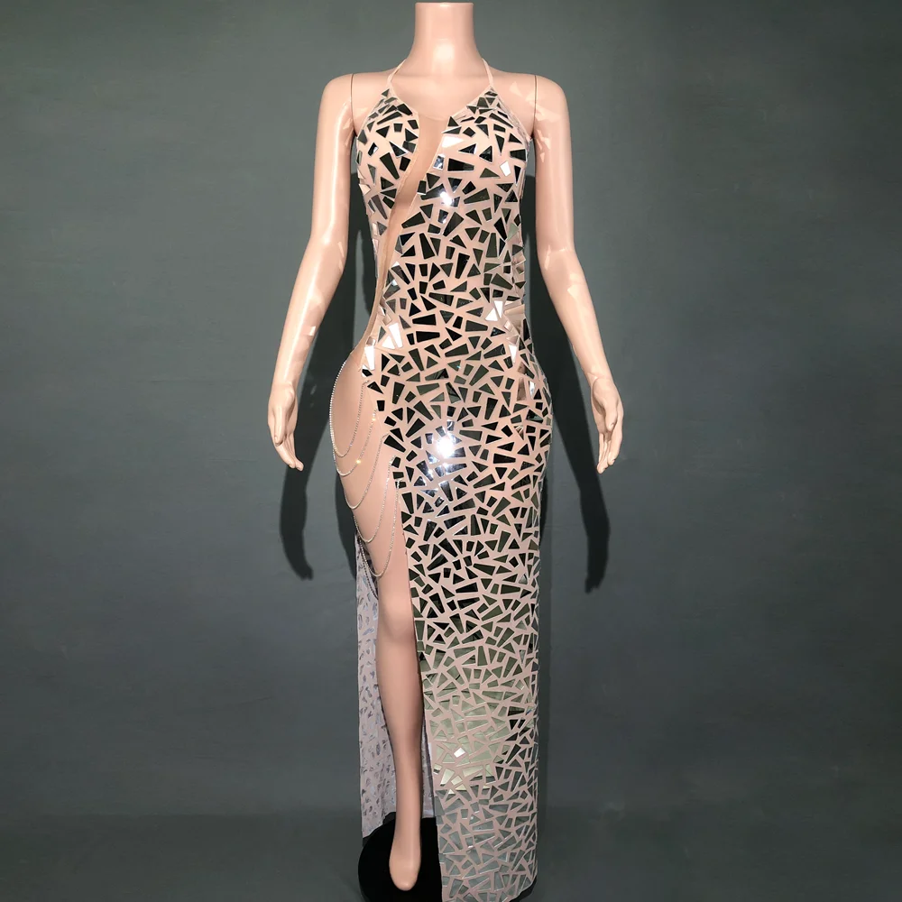 

Shining Mirrors Rhinestones Chains Mesh Transparent Dress Birthday Outfits for Women Sexy Club Dress Party Celebrate Stage Wear