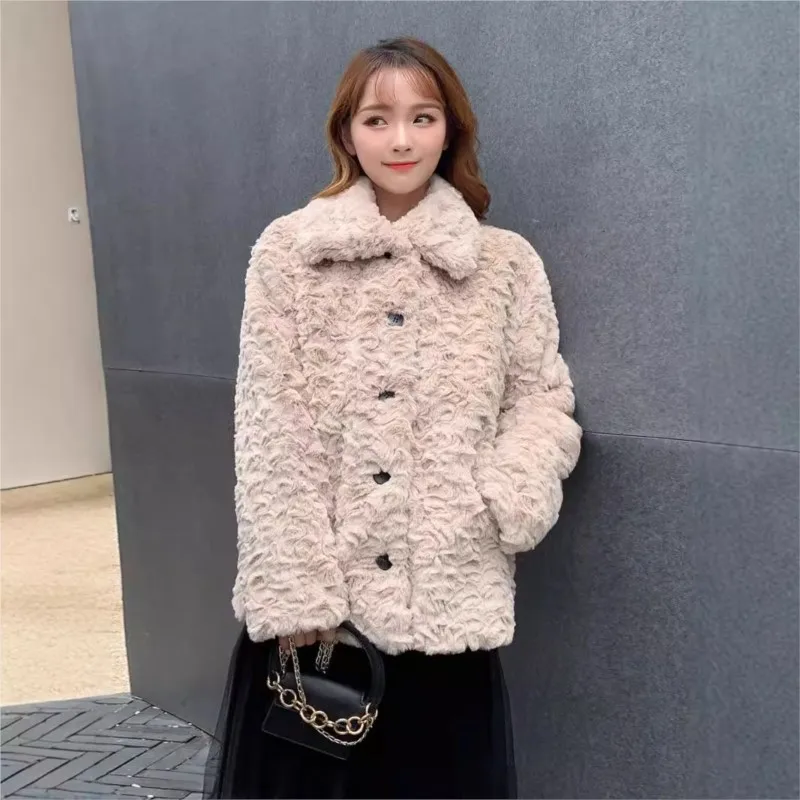 Manteau de fourrure mixte pour femmes, haut à boutons en relief, vêtements en fourrure à revers amples et à la mode