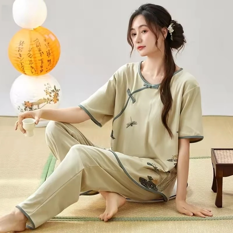 Vintage Chinese Pajamas Set Women 2025 Summer Elegant Nightwear Casual Homewear Short Sleeve Tops Seven-quarter Length Trousers
