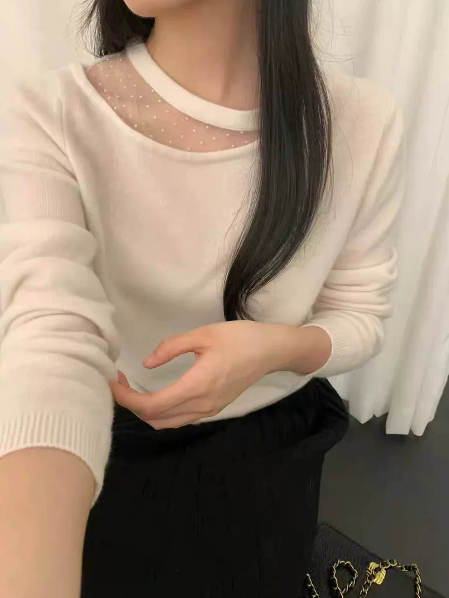 

Korean Sle Lace Splice Knitted Top Women's Autumn Winter Slim Fit Base Layer White irt Inner Wear Long Sve Polyester F...