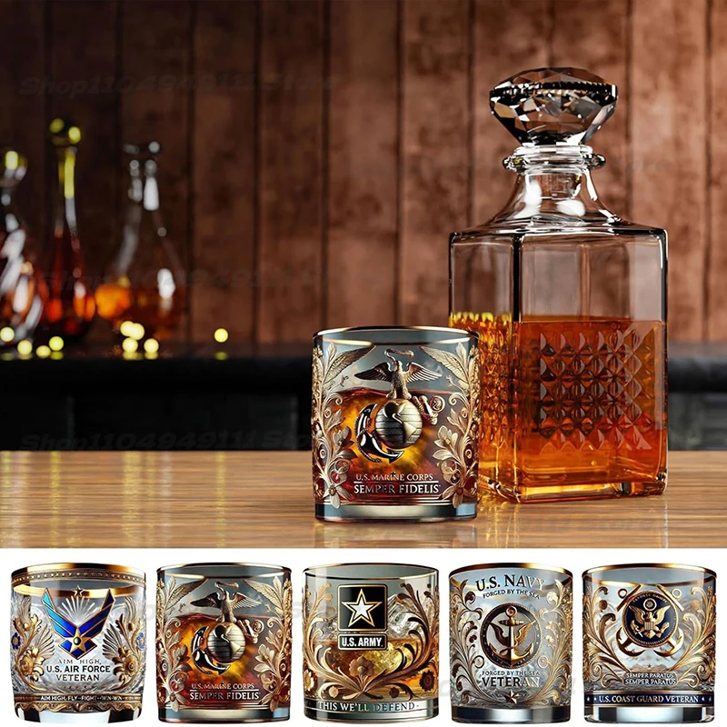 

10oz Veteran Tribute Glass With Gold Accent Premium Design Patriotic Decorations Whiskey Gifts For Marines Army Navy Coast Guard