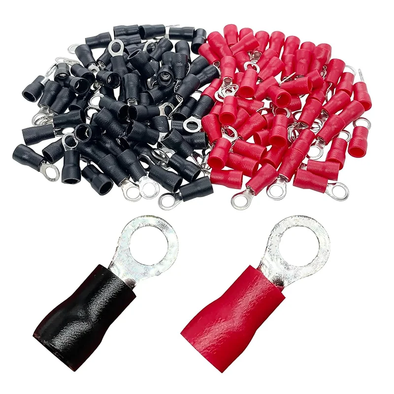 100 قطعة محطات حلقية معزولة AWG22-16 محطات حلقة سلك أسود أحمر RV1-3 0.5-1.5mm2 محطة سلك العقص المعزول