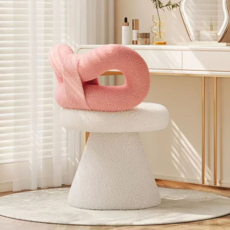 Cream Vanity Stool with Bow Back, Rotating Faux Sheepskin Makeup Chair,Nail Salon Stool for  Dressing Table,Aesthetic Home Decor