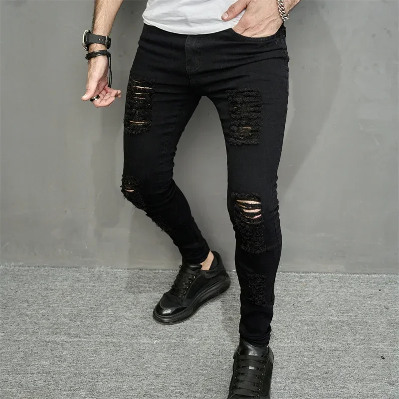 

2024 New European and American Style Men's High Street Casual Ripped Slim-Fit Personalized Trendy Solid Color Ankle-Length Jeans