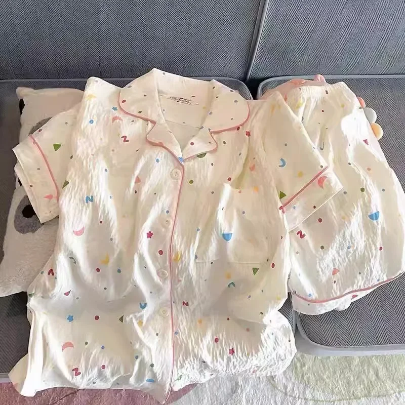 New Women's Pajama Set Summer Print Shorts Pyjama Pour Femme Korean Kawaii Home wear Sleepwear Two Piece Set Cardigan Loungewear