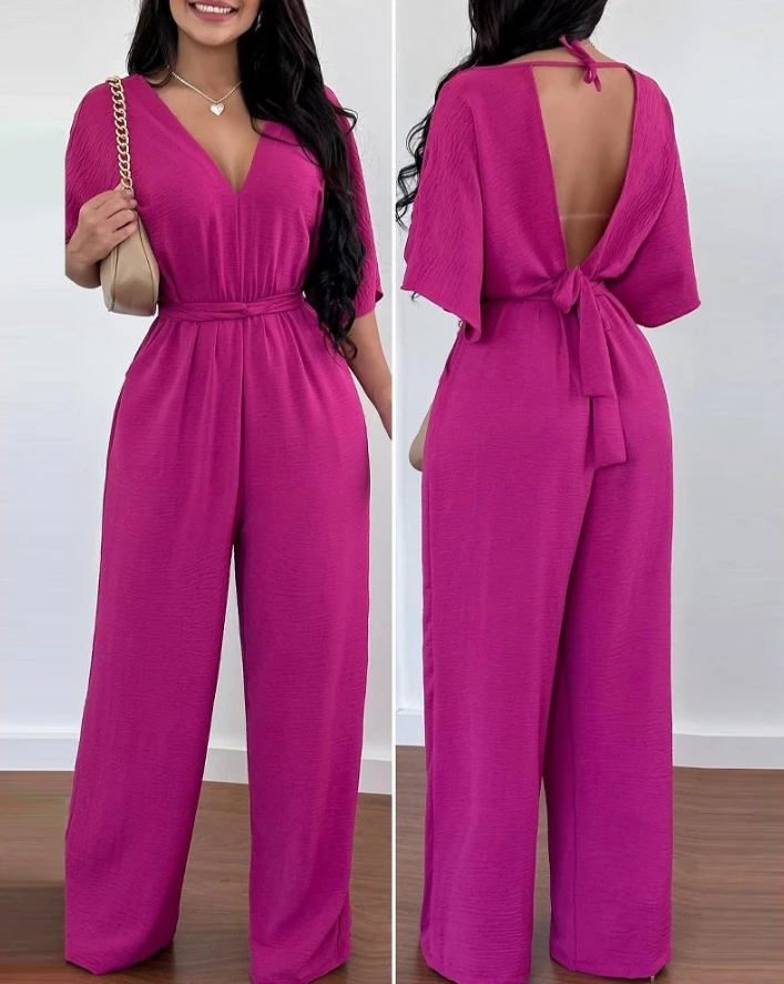 

Summer Jumpsuit for Women 2024 New Fashion Half Sleeve Tied Detail Backless Deep V-Neck Jumpsuit Casual Long Straight Jumpsuit