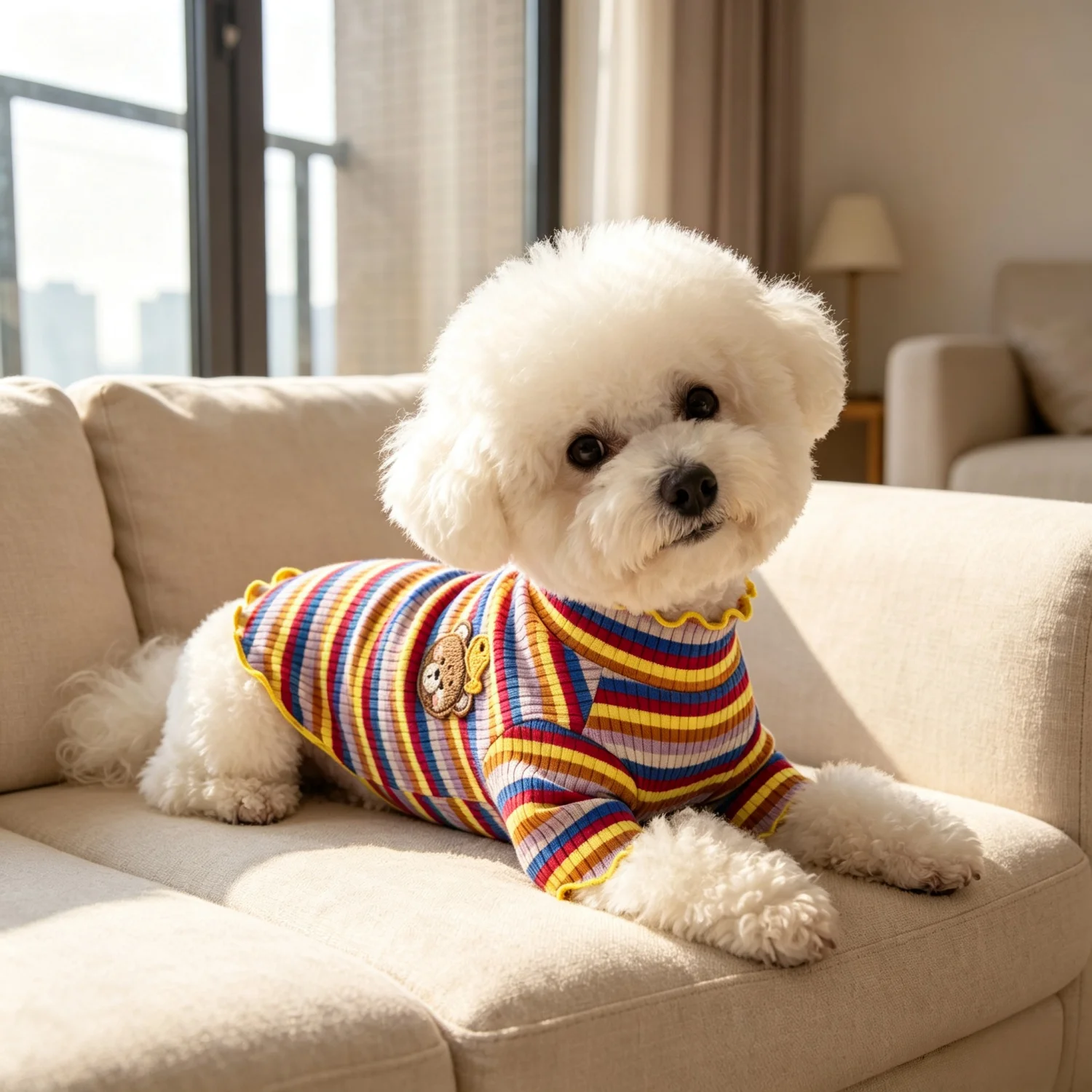 Gestreiftes Strick-Hundehemd mit niedlichem Bärenmotiv, Haustierkleidung, weiches geripptes Welpen-Outfit für Bichon Frise und Teddy. – Detail 11