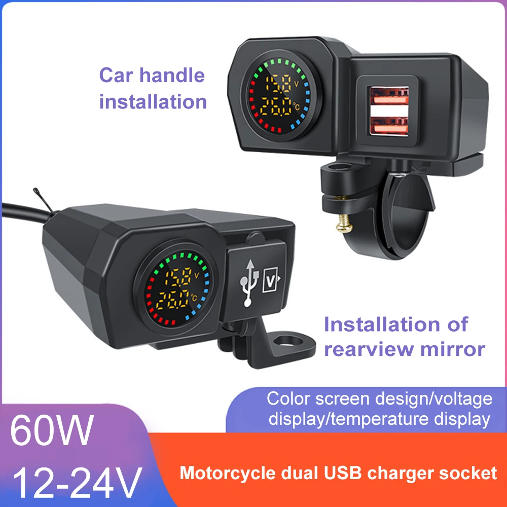 

60W Motorcycle QC3.0 PD Charger Socket USB Type-C Fast Charging Motorcycle Charger Plug Voltmeter Thermometer Digital Display