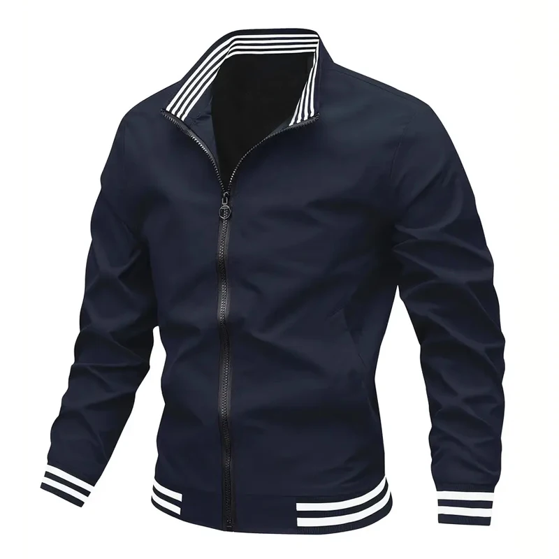 

Autumn Winter Men's Long-sleeved Zipper Stand Collar Jacket Non-fleece 100% Polyester Fiber Collar Striped Design Casual Jacket