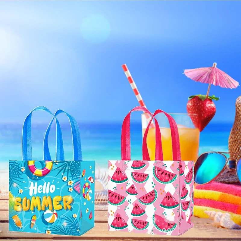 6pcs Tropical Hawaii Party Gift Bags Beach Pineapple Non-woven Candy Bags HELLO SUMMER Happy Aloha Luau Birthday Party Decors