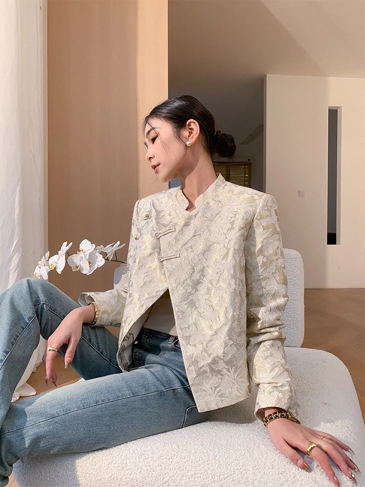 

JWUNIQUE Женская повседневная куртка с воротником-стойкой в национальном стиле, весна-осень-зима, длинное волокно трапециевидной формы из полиэстера