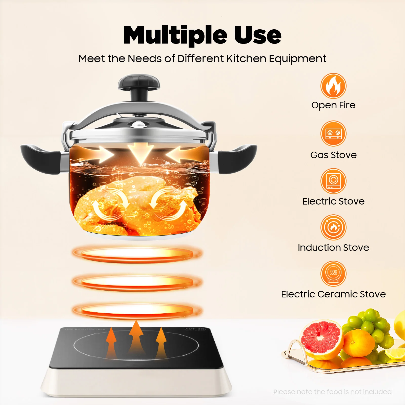 7.4 Qt 201 Stainless Steel Pressure Cooker,60KPa High Pressure & 3-Layer Base, Auto Safety Valve, Multi-Stove Compatible