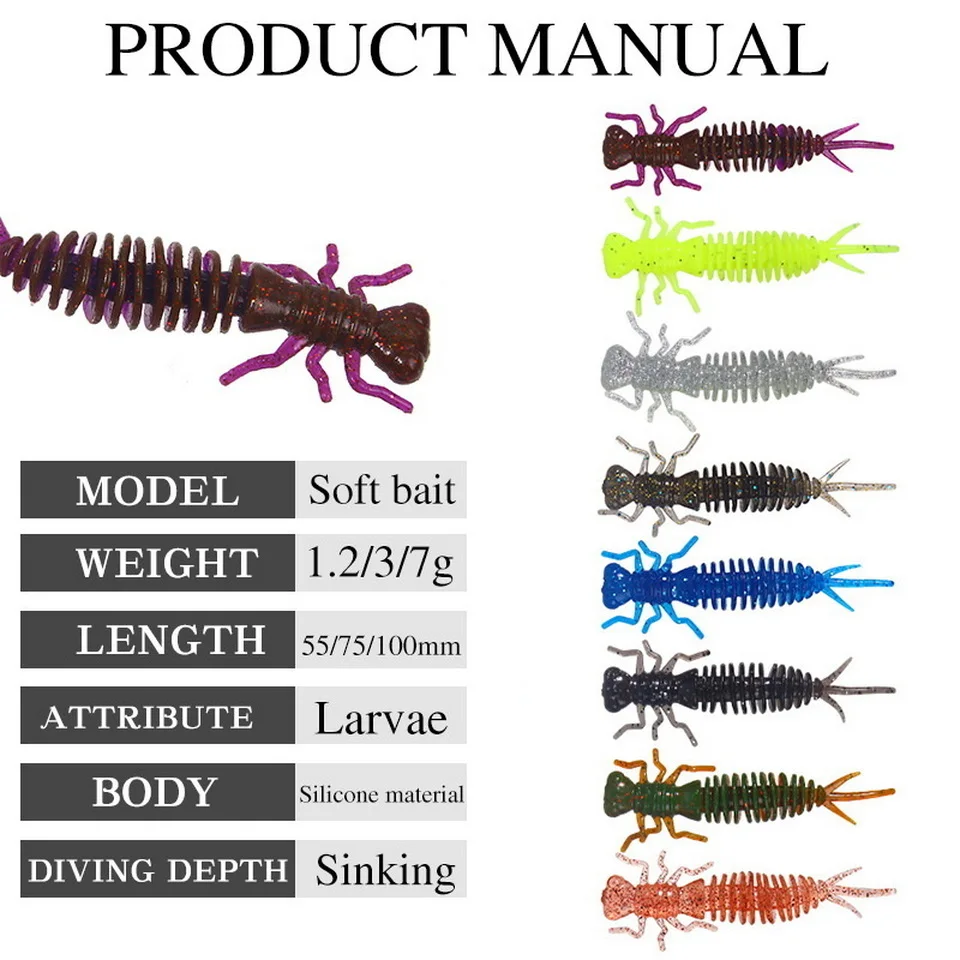 Wurm Larve Weiche Köder 55mm 75mm 100mm Künstliche Kunststoff Silikon Köder Swimbait Jigging Wobbler Bass karpfen Pesca Angelgerät – Detail 3