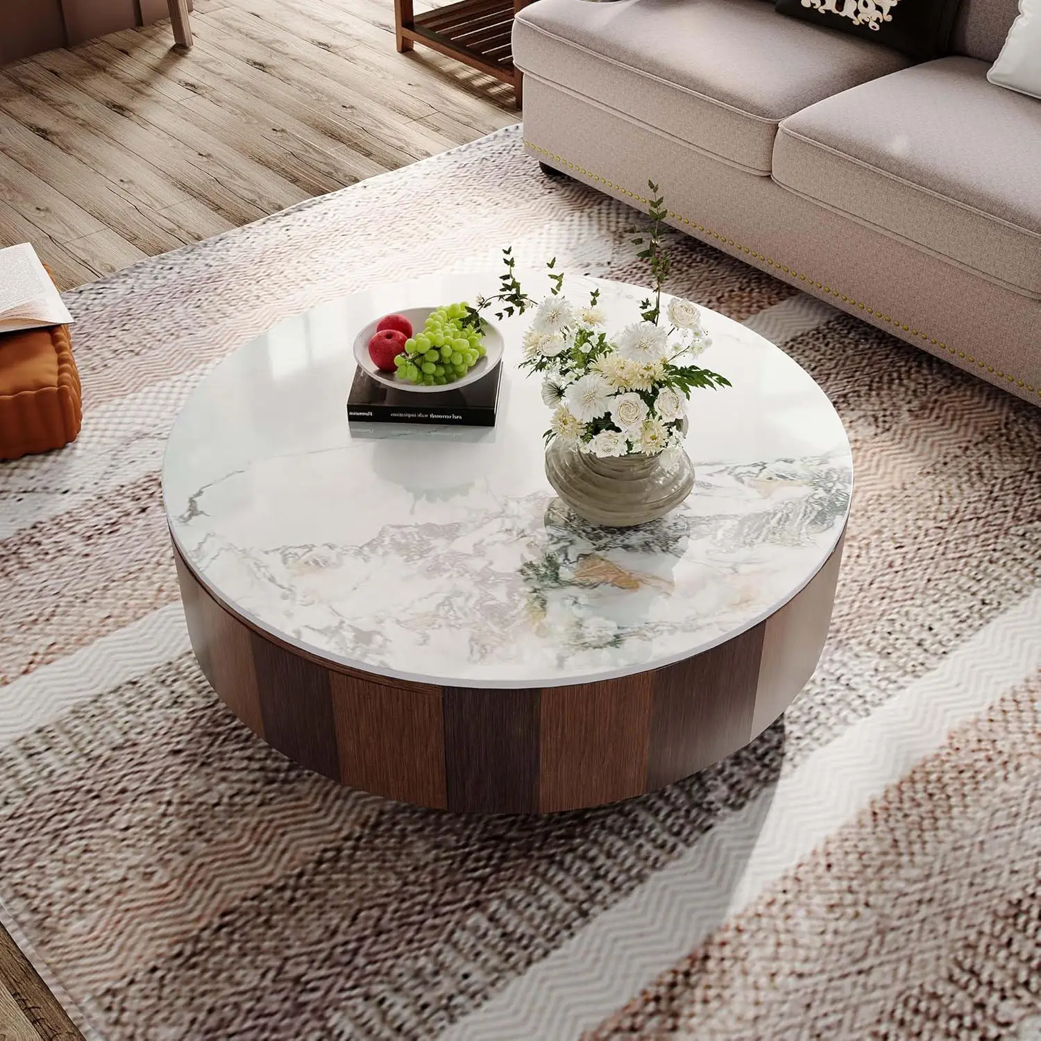 Round Storage Coffee Table 35.4" Mid Century Marble Top Wood Base Living Room No Assembly, Customized