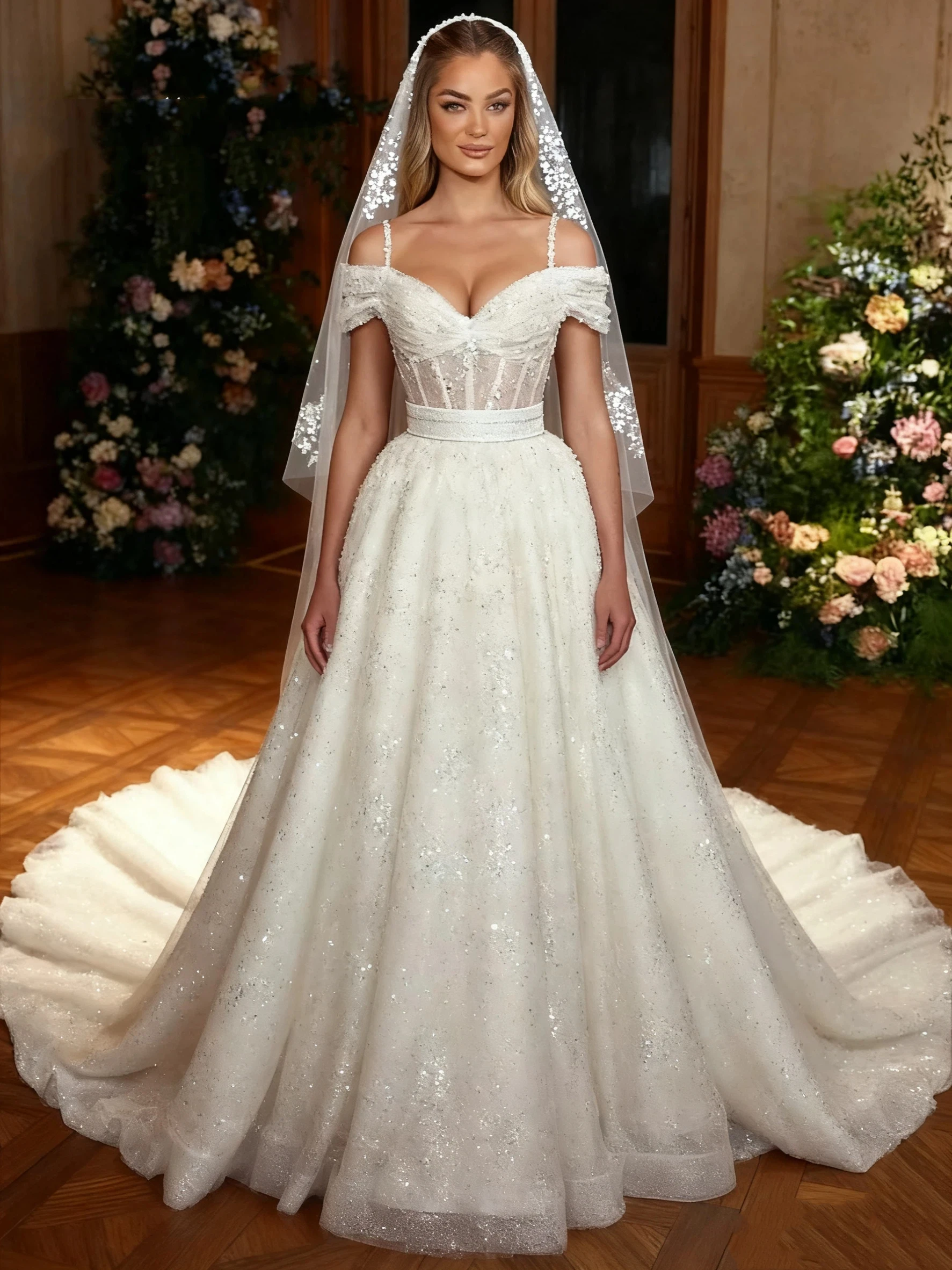 

Luxurious Sparkling White A-line 3D Glitter Women's Wedding Dress Sexy V-neck Bareback Ball Bridal Dress Vestido De Novia Custom