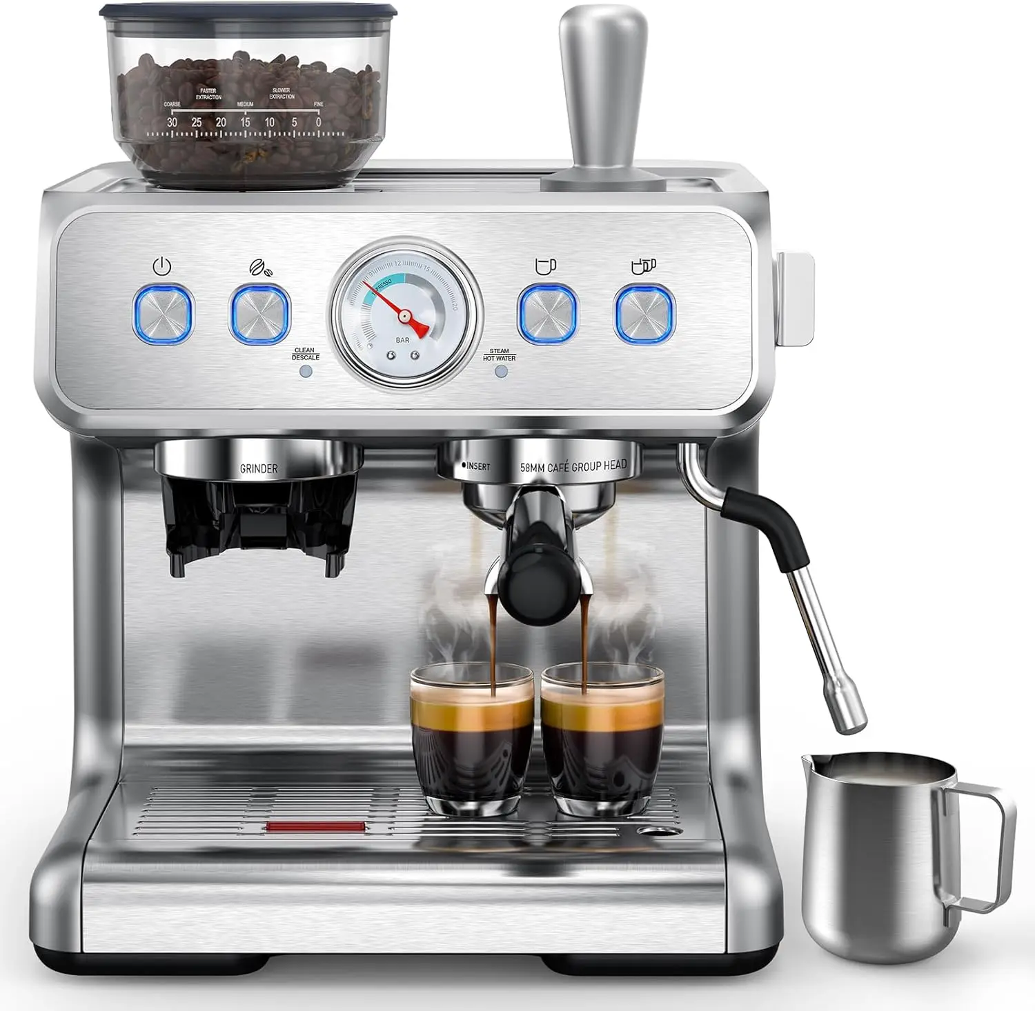 Machine 15 Bar, Semi-Automatische Espressomachine Met Bonenmolen En Melkstoomstaf, 75 Oz Verwijderbare Watertank