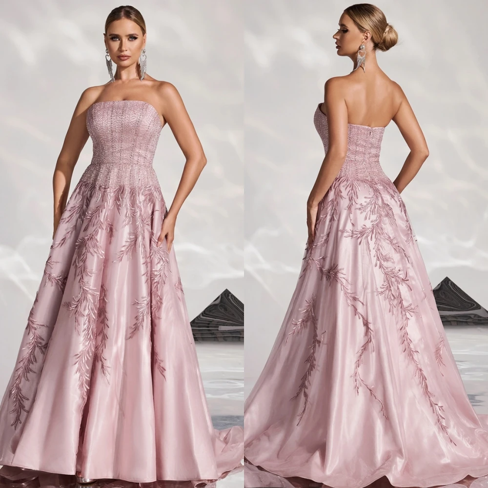 

Customized Elegant Pink Satin Evening Dress Simple Strapless Sleeveless Celebrity Gowns Classic A-Line Zipper Back Party Dresses
