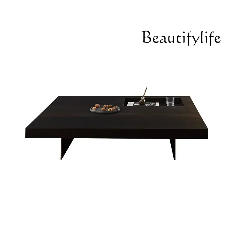 

N Minimalist Coffee Table Living Room Small Apartment Creative Square Smoked Wood Leather Stone Plate Designer Coffee Table