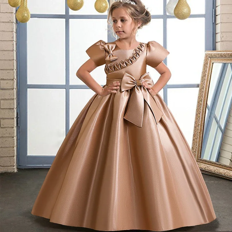 Teenager Pageant Big Bow Party Dress For Girls Children Costume Short Sleeve Princess Dresses Girl Dress Wedding Gown 4-14Y