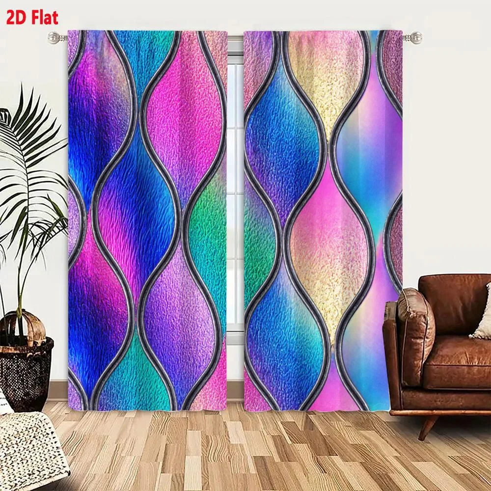 2Pcs Curtains 2D Flat Seamless Repeating Pattern Wavy Iridescent Shapes With Thin Black Curved Borders Vibrant Pastel Gradient P