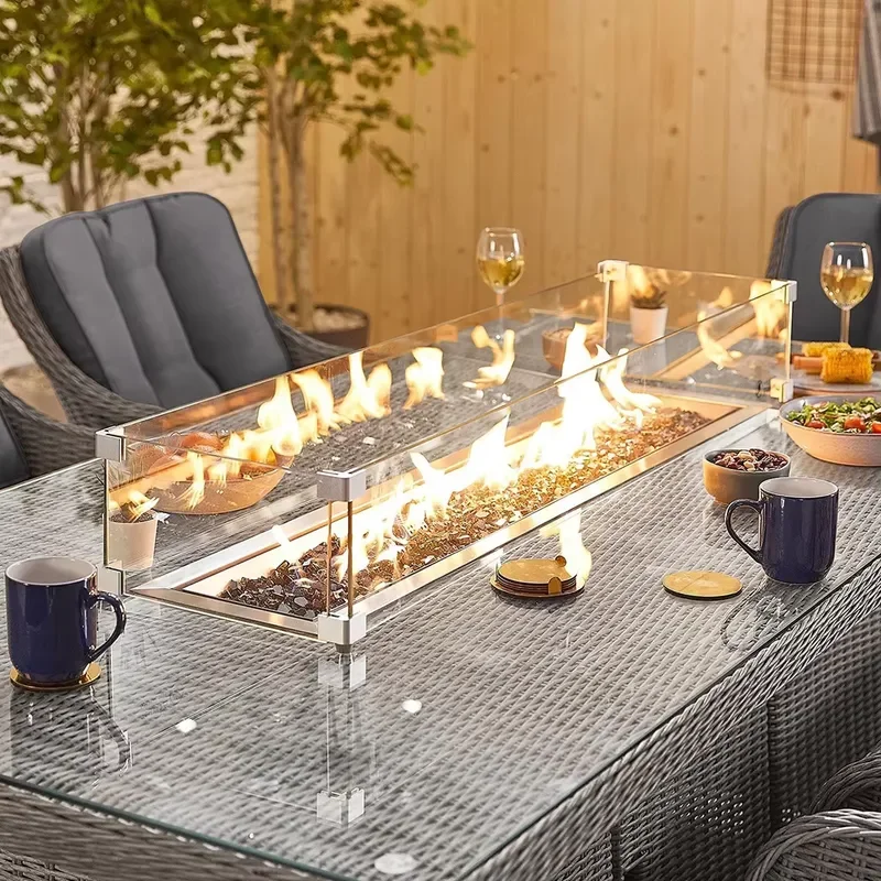 FOR 8 SEAT GARDEN FURNITURE OUTDOOR RATTAN DINING TABLE SET WITH RECTANGULAR FIREPIT TABLE