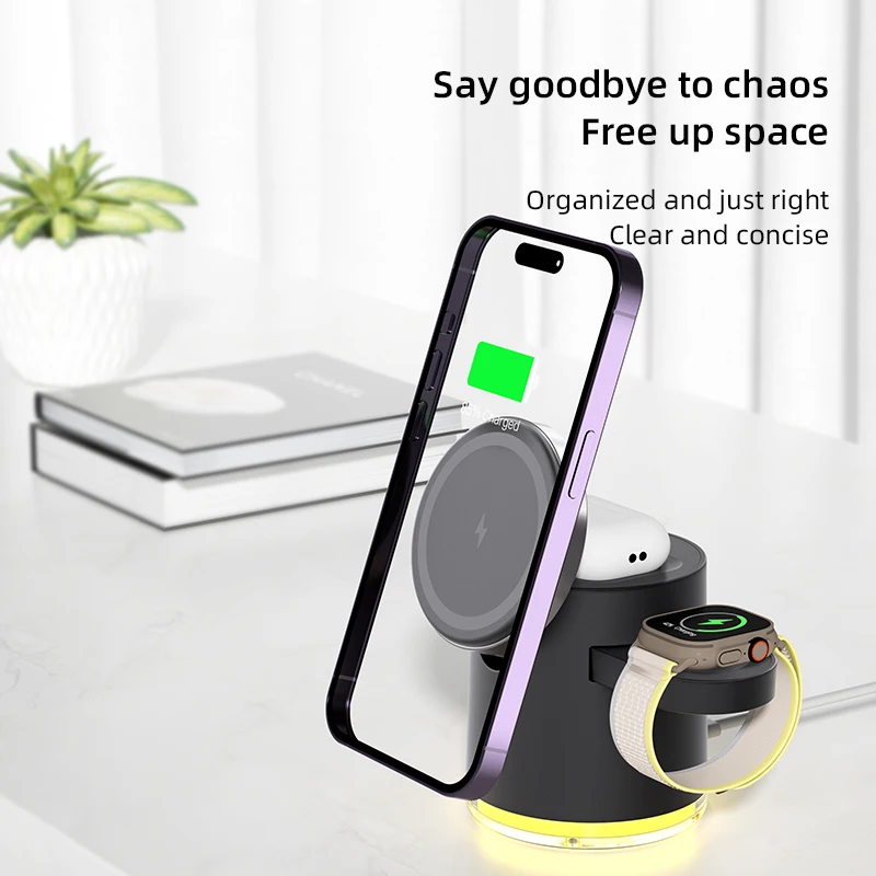 15W Magnetic Wireless Charger for iPhone15 14 13 12 Pro Samsung/Apple Watch Airpods Fodable 3 in 1 Charging Station Travel Dock