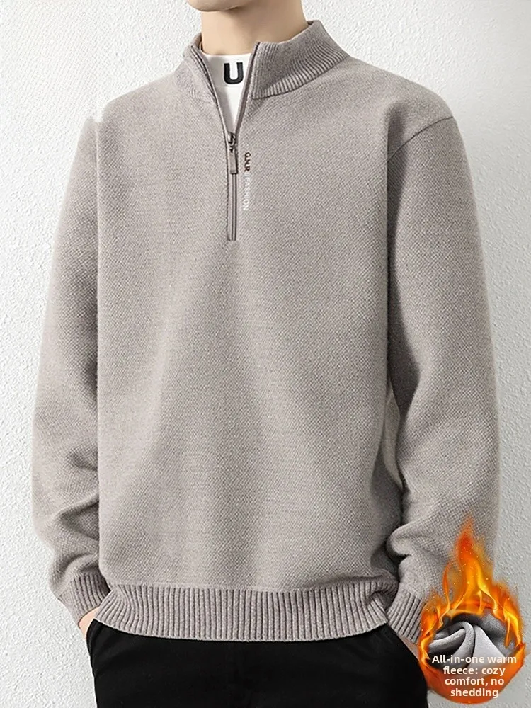 

Мужской утепленный вязаный свитер с высоким воротником на флисовой подкладке, повседневный зимний базовый слой, модный свободный крой, длинный рукав