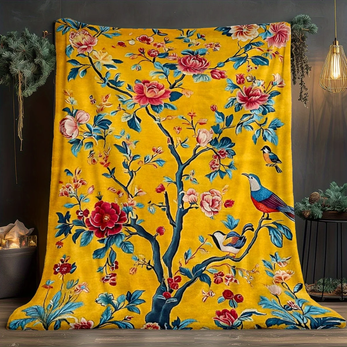Yellow floral bird tree pattern flannel blanket vintage Chinese style decorative blanket living room sofa throw blankethomedecor