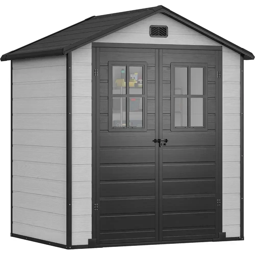 6x4.4ft Outdoor Plastic Storage Shed with 2 Windows, Suitable for Garden Tools, Lawn Mowers, and Patio Use, Lockable, Grey & Bla