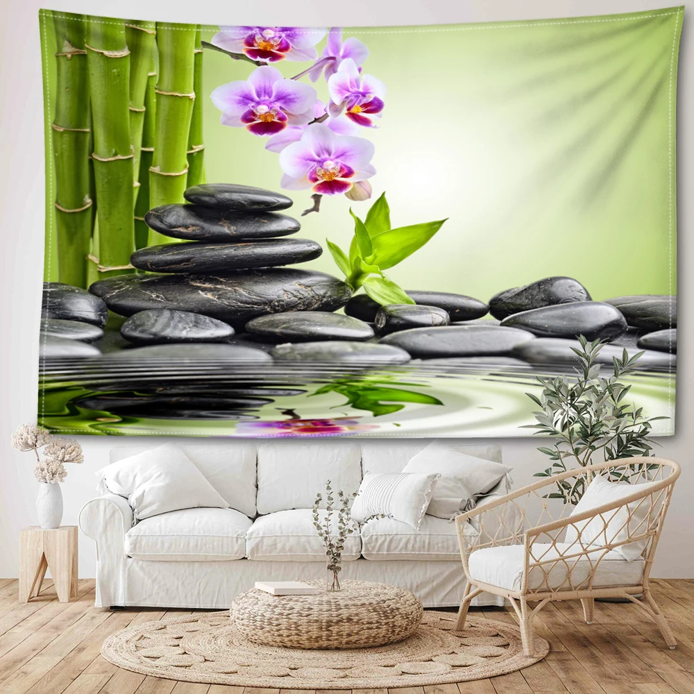 Butterfly Orchid Bamboo SPA Stone Printed Tapestry, Wall Hanging in Bedroom, Study, Living Room