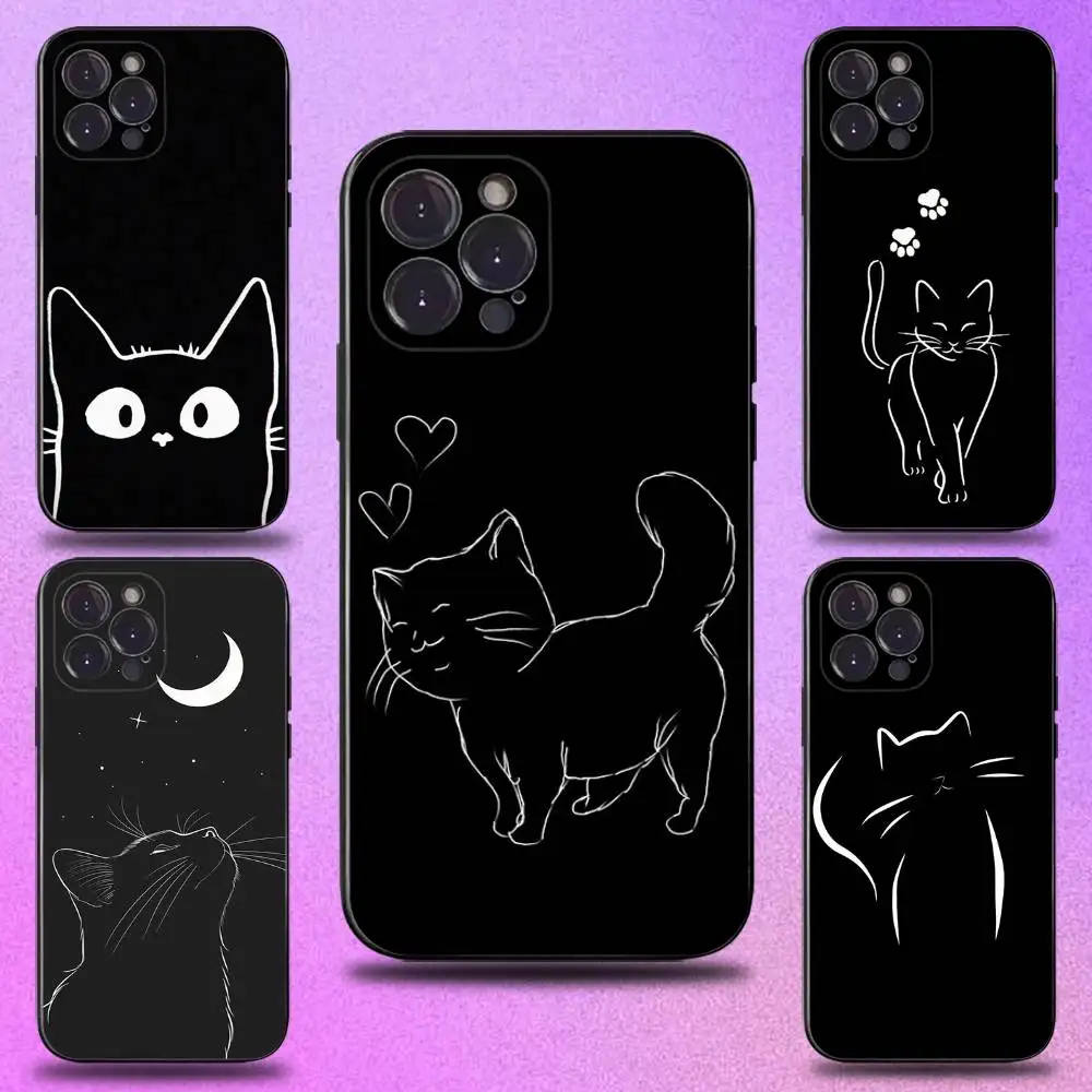 

Cat Line Black Cute Phone Case For iPhone 17,16,15,14,13,12,11,Pro,Max,Plus,E,SE4,Air,Mini Black Precise Hole Matching