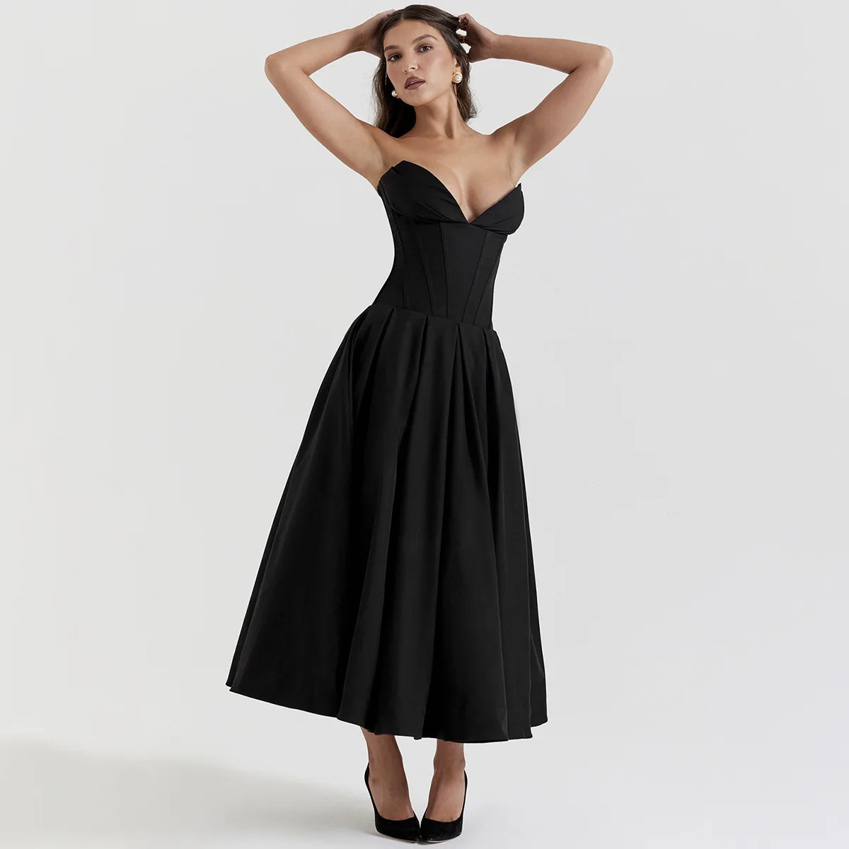 

SKMY 2026 New Sexy Strapless Deep V A-Line Dress Solid Color Fashionable Pleated Sleeveless Backless Long Dresses Women Clothing