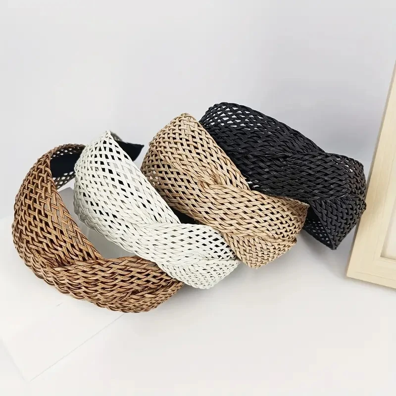 موضة الشاطئ نمط القش عقال Bohe رباط شعر النسيج عبر الشعر هوب النساء هيرباند واسعة الحواف أغطية الرأس إكسسوارات الشعر