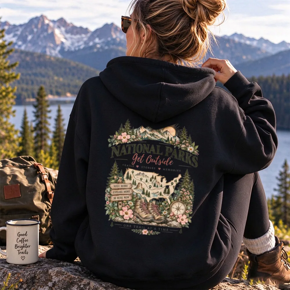 National Parks Get Outside Map Floral Graphic Hoodie Unisex Vintage Hiking Boots Compass Back Print Pullover Outdoor Camping Top