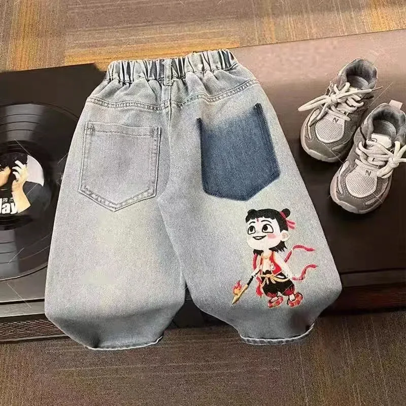 

Jeans For Boys For Spring Autumn 2025 New Fashion Nezha Print Elastic Waist Teenagers Clothing Cowboy Pants High Quaity 110-160