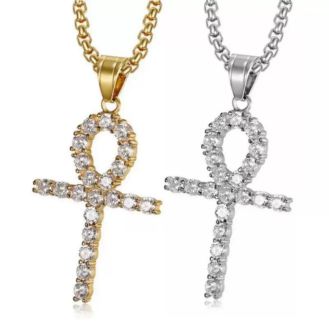 

Luxury Iced Out Tennis CZ Ankh Cross Pendant Gold Silver Color Stainless Steel Zirconia Necklace for Woman Man Egyptian Jewelry