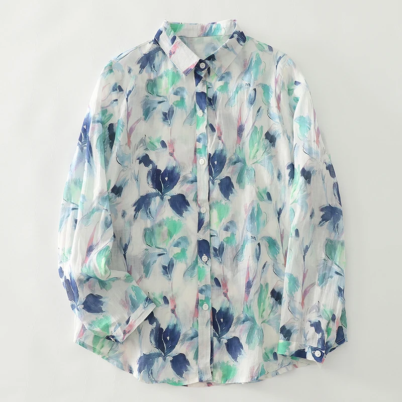 

Blue Floral Print irt Women's Loose Fit Long Sve Versatile Top Autumn New Sle Faionable Artistic Printed Blouse