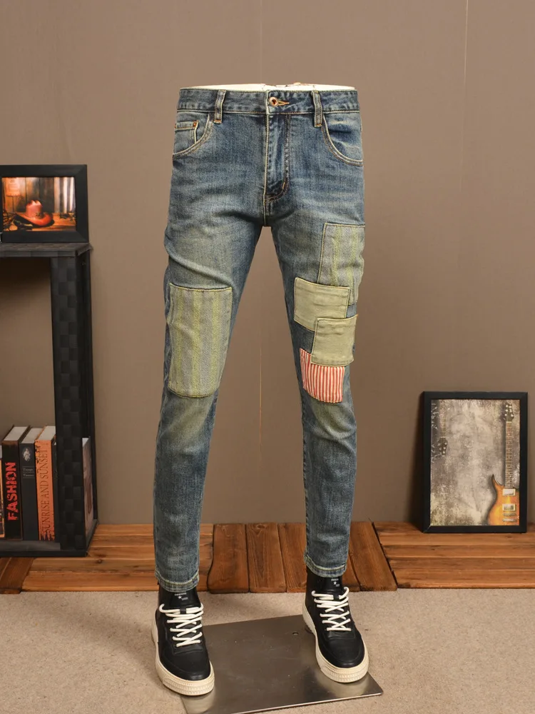 Retro Distressed Stitching Motorcycle Jeans Men's Fashionable High-End Stretch Slim Fit Skinny Patch Casual Ruan Handsome Pants