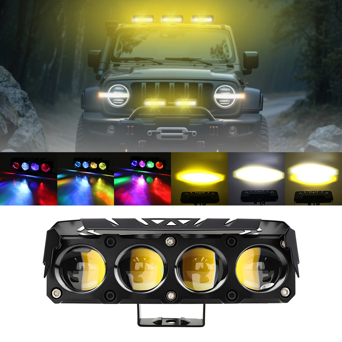 Car Truck LED Spotlight 4 Lens Auxiliary Headlight LED Work Light Dual Color Yellow White RGB DRL Driving Light for Car Motor UT