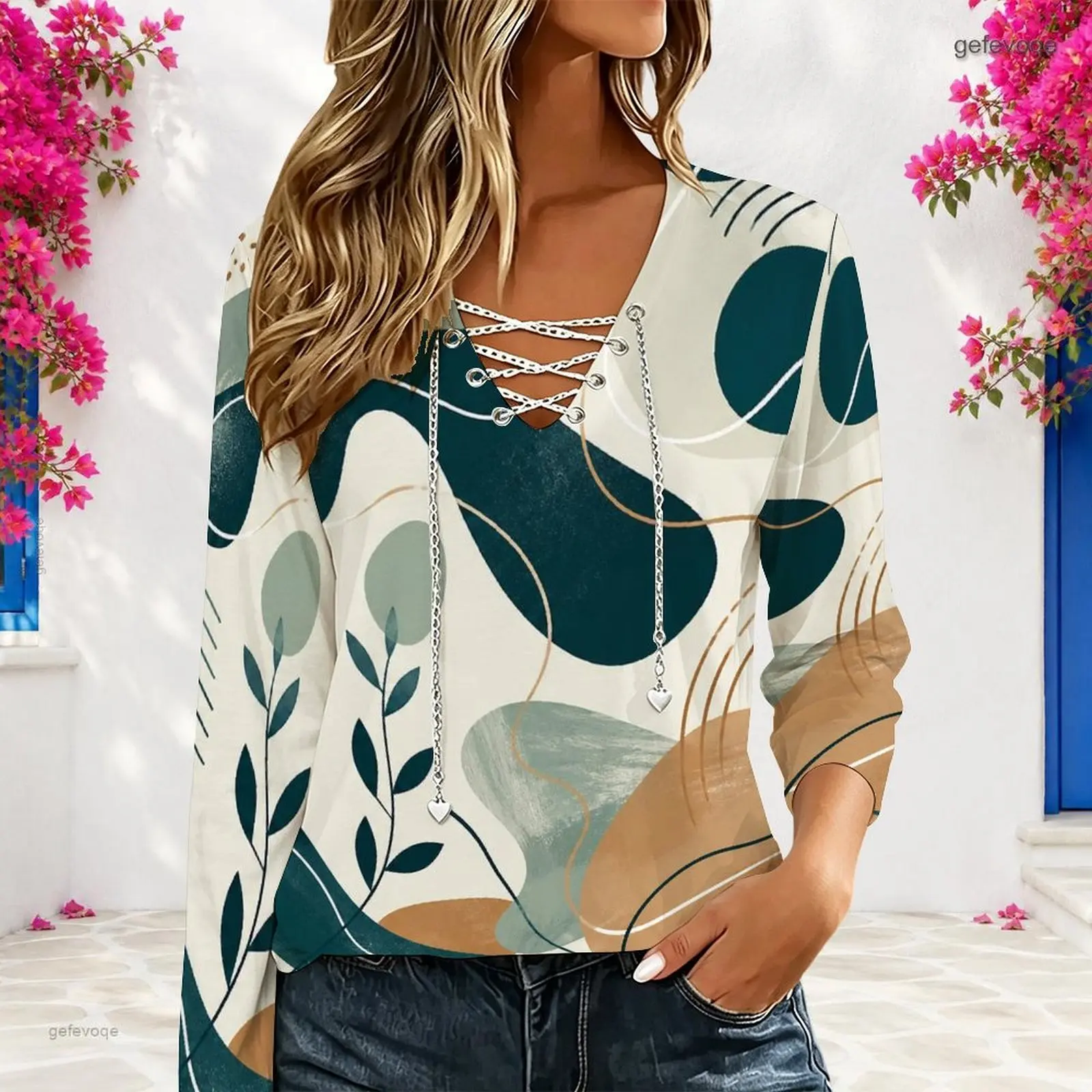 Women Pastel Abstract Tropical Leaf Brushstroke Printed V Neck Long Sleeve Top with Chain Lace Up