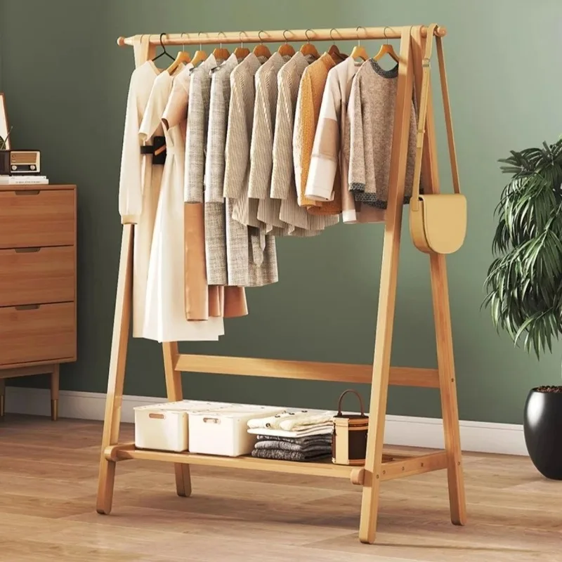 Simple bamboo double-layer clothes hanger, folding coat rack, bedroom clothes hanger, clothes display rack, clothes storage rack