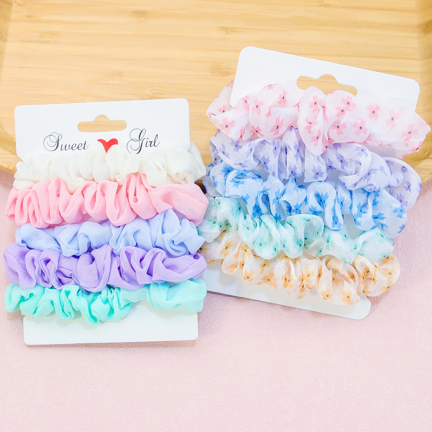 5pcs/set Girls Elastic Hair Ties Chiffon Headbands Soft Print Flower Hair Bands Women Girls Ponytail Holder Hair Accessories