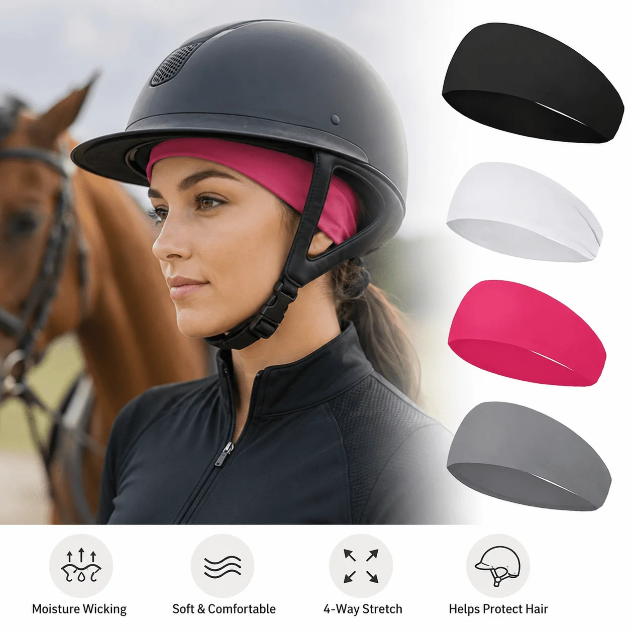 Equestrian Headbands Suitable for Horseback Riding Cycling Helmets Wicking Hair for Under Helmets Earplug