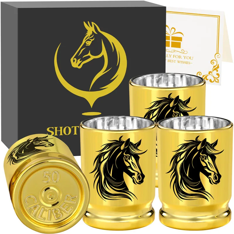 95ml/3.2oz Golden 50 Caliber Plastic Bullet Shot Cups Drinking Cup with Horse Head Pattern Wedding Club Party Shot Glasses