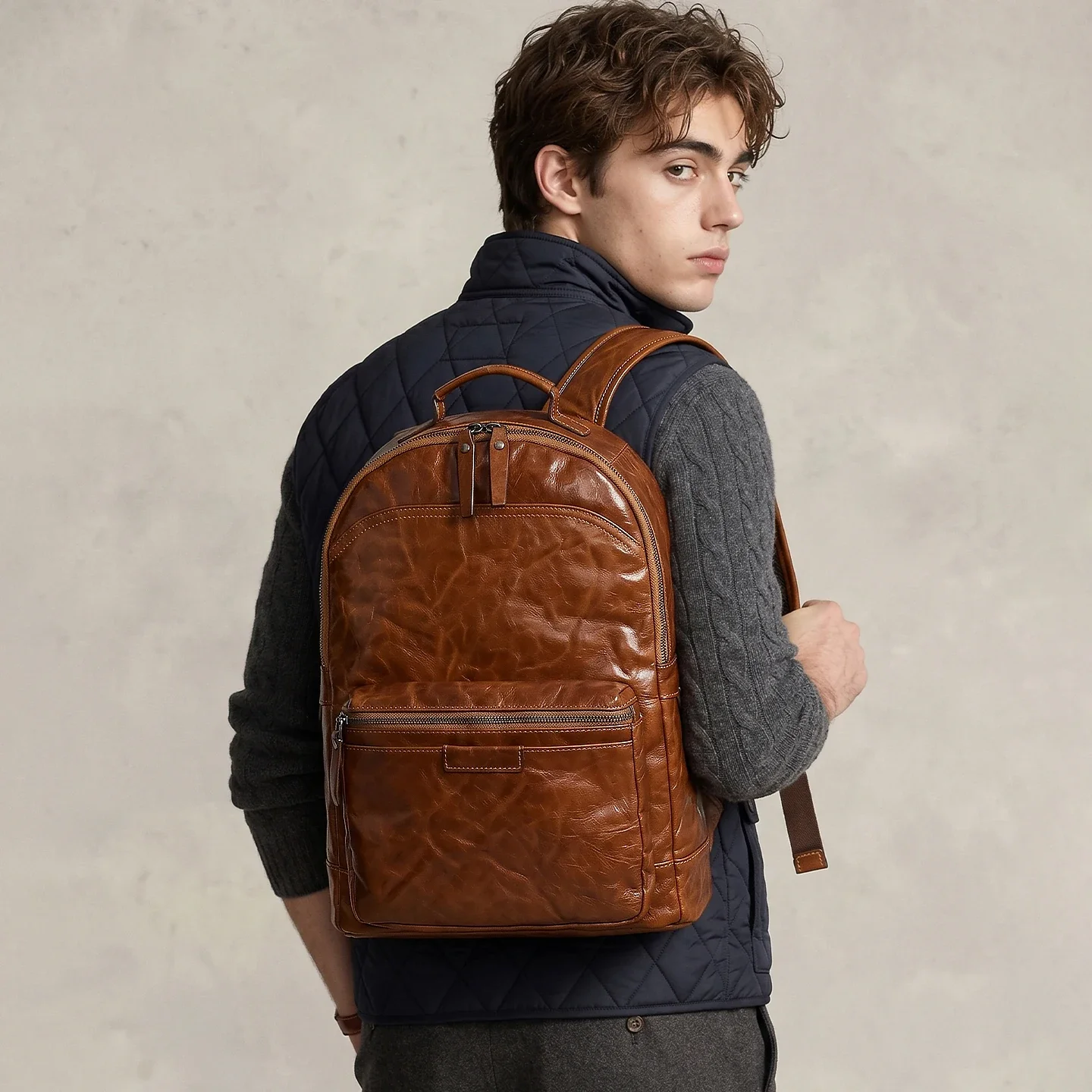 Vintage Genuine Top Grain Cowhide Leather Backpack Luxury Casual Laptop Bag Commute Daily Travel College School Bag Lightweigh