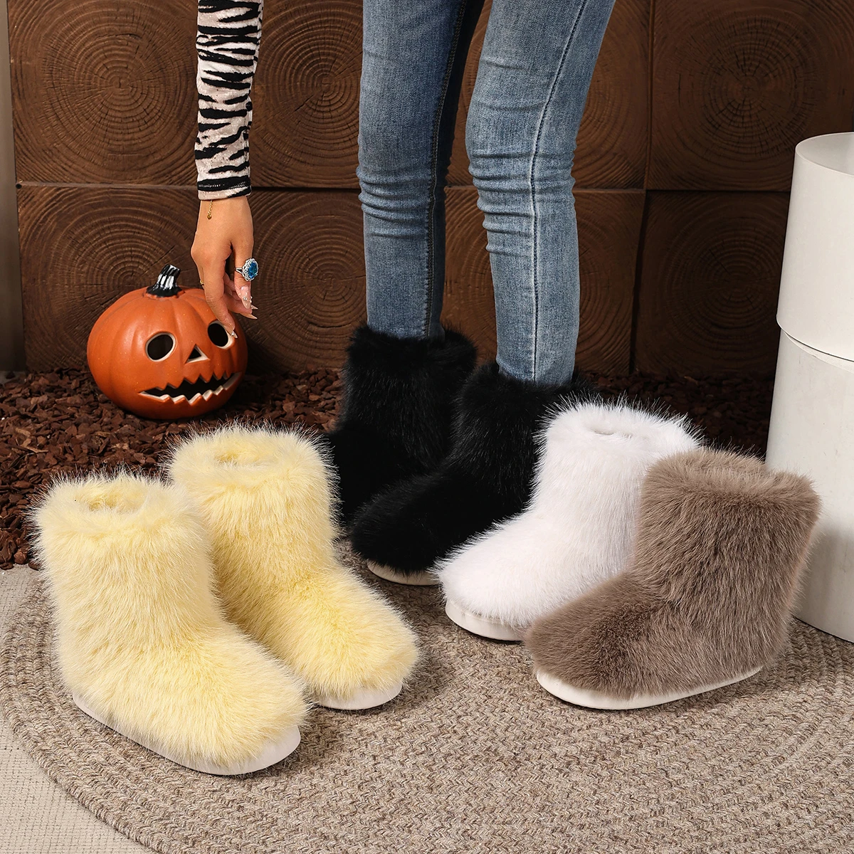 Women Slip on Ankle Boots Round Toe Plush Warm Mid Heel Casual Women Fluffy Snow Boots Middle Calf Platform Shoes Women Winter